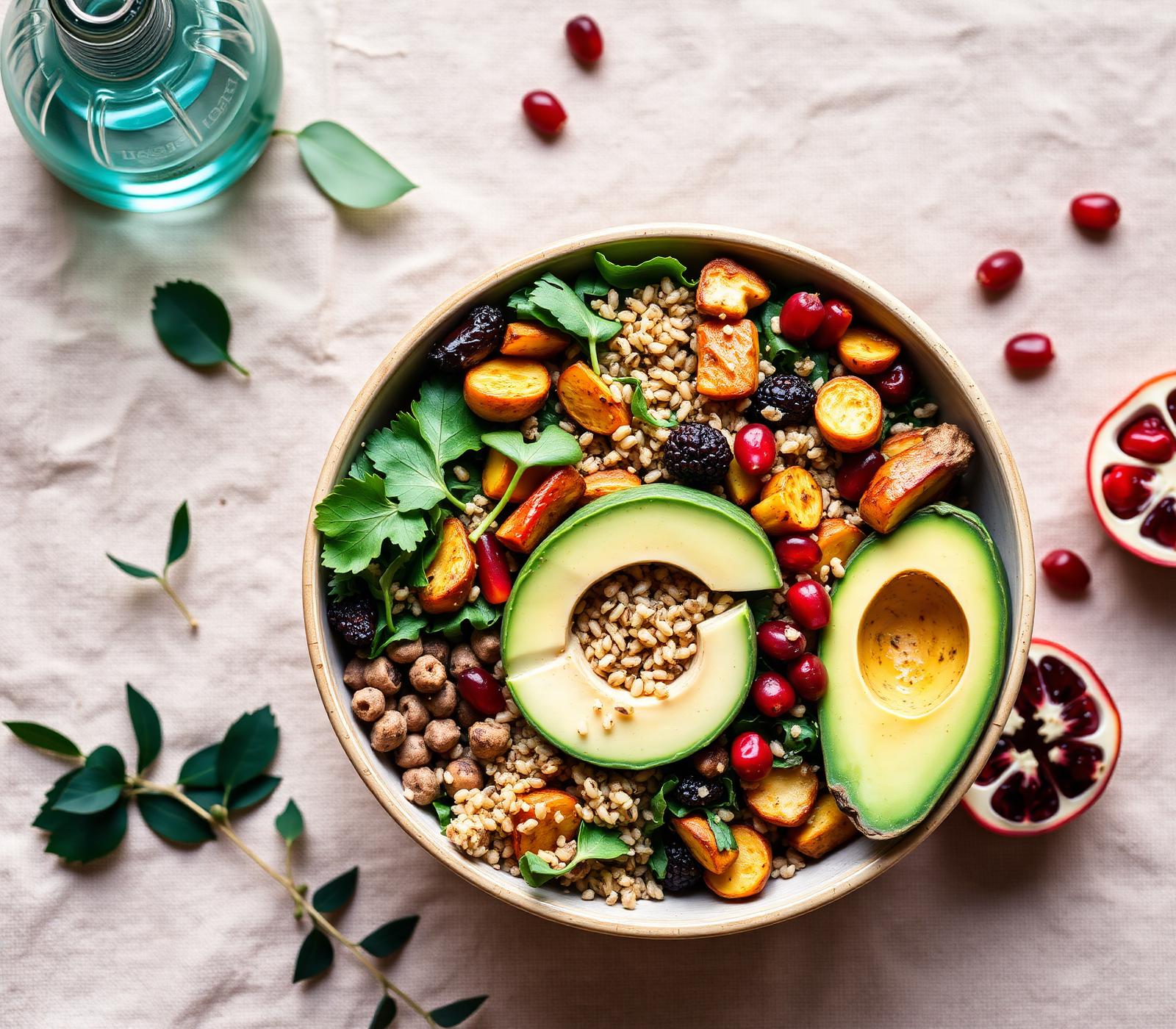 A vibrant nourishing bowl with fresh greens, roasted vegetables, avocado and pomegranate